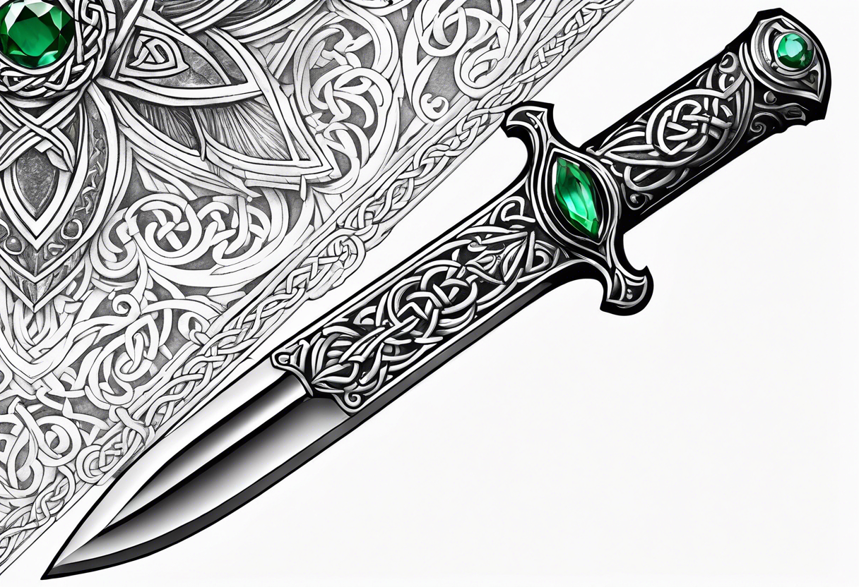 A Celtic athame dagger with the hilt turned upward and an emerald gemstone on the hilt not on the blade tattoo idea