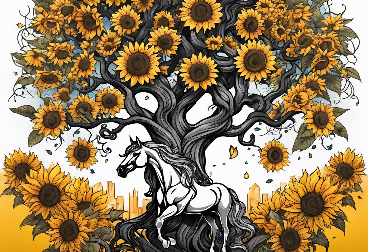 Yggdrasil tree, horse in front of it, and sunflowers tattoo idea