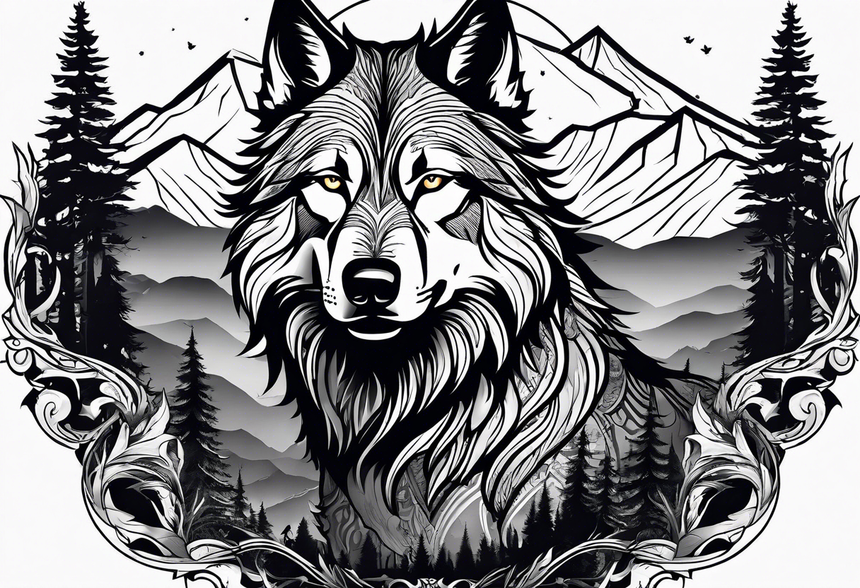 Halbes Gesicht eines Wolfes
Im Hintergrund Wald und Berge
Fenrir tattoo idea