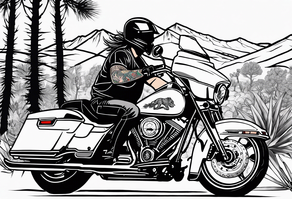 Full arm tattoo that insides:
Arizona flag 
Lion
Street glide Harley motorcycle 
Winding rode with cactus on one side and pine trees on the other 
Mountain 
Vanitas tattoo idea