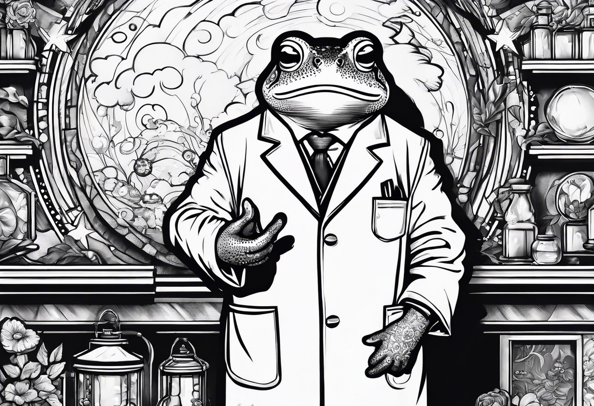 Toad in lab coat pointing at space smirk tattoo idea