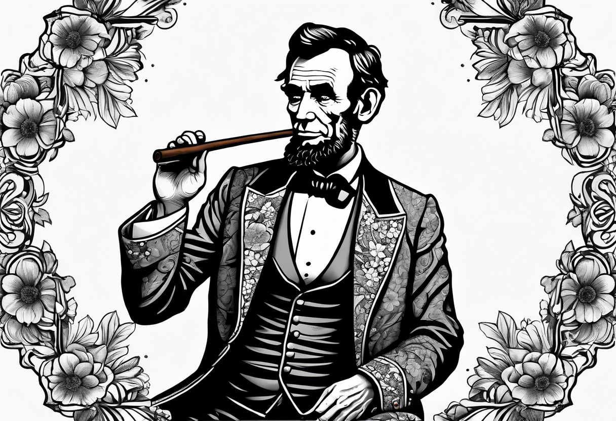 Abraham Lincoln smoking a cigar  in a flowered suit jacket doing karate poses tattoo idea