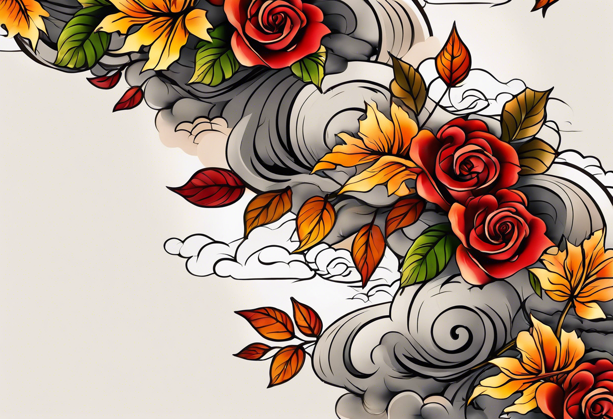 sleeve tattoo in fall colors, showing water flow around rocks, sky, clouds, leaves, roses and no trees tattoo idea