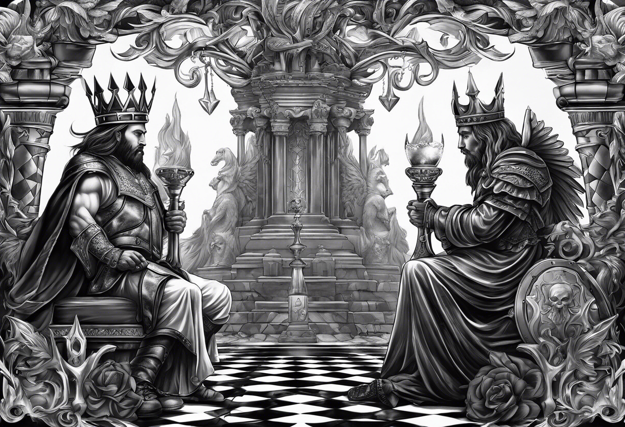 Illustrate a powerful scene where the angelic king checkmates the demonic king, symbolizing the triumph of good over evil in the strategic game of life. tattoo idea