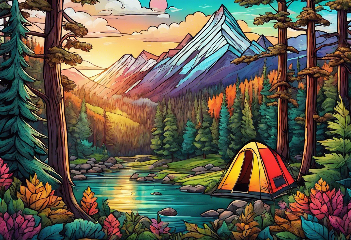 Camping in a colorful forest, adventure, large piece, nature, wildlife, wanderlust tattoo idea