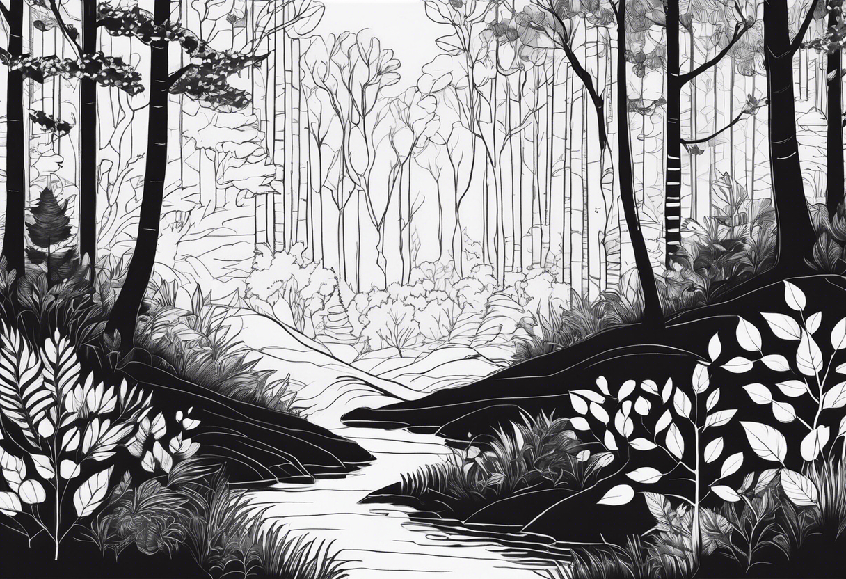 Draw me a Magical forest with s lot of trees in 2D and every tree is black and you see every trees leafs tattoo idea