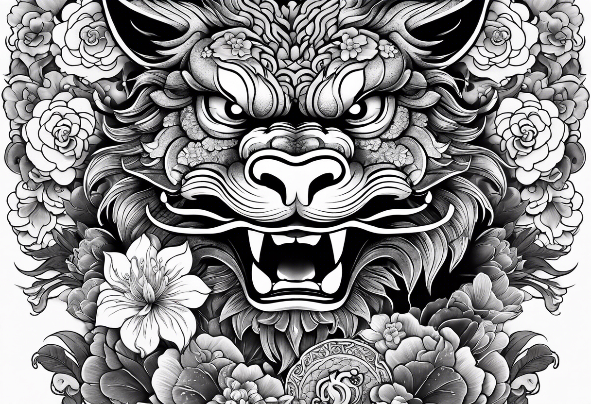 black and white sleeve, hanya mask on the shoulder, foo dog on the forearm, dragon through all length of the arm, small elements like coins, flowers tattoo idea