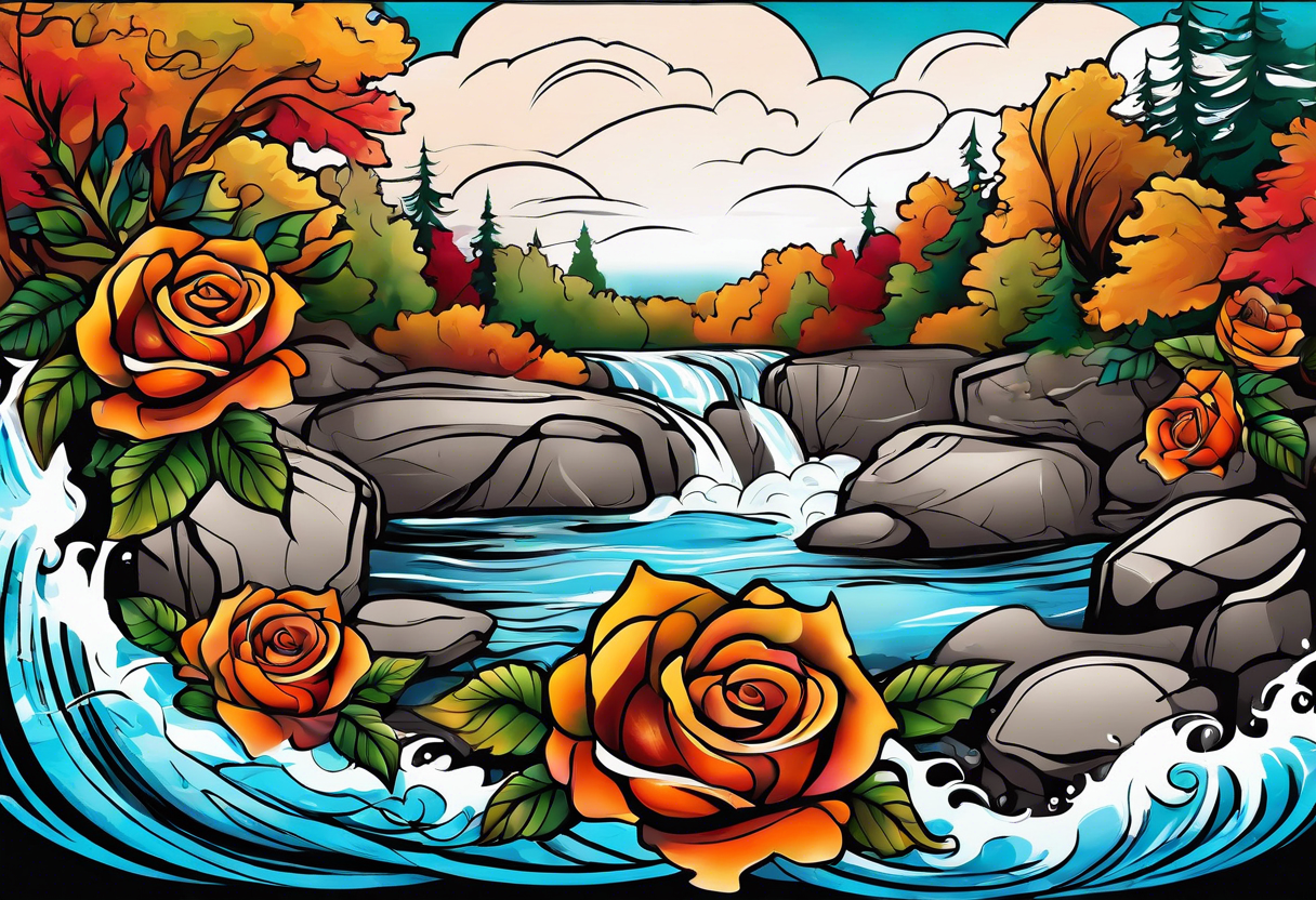 thigh tattoo in fall colors, showing water flow, rocks, sky, clouds, leaves, roses tattoo idea