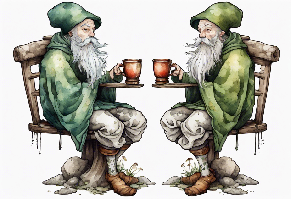 a mushroom with a mossy beard wearing medieval clothes sitting on a stool drinking from a stone mug tattoo idea