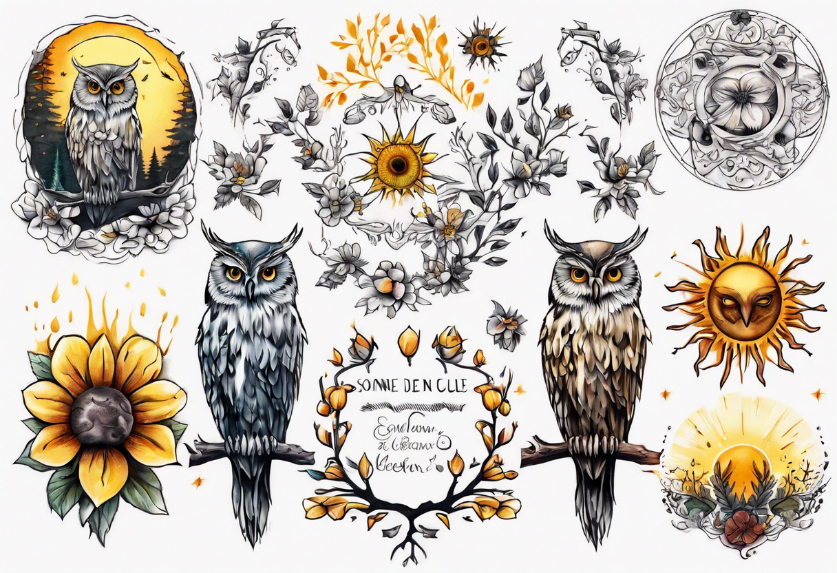 sonne, eule  wald, 
blume des lebens, 
baum tattoo idea