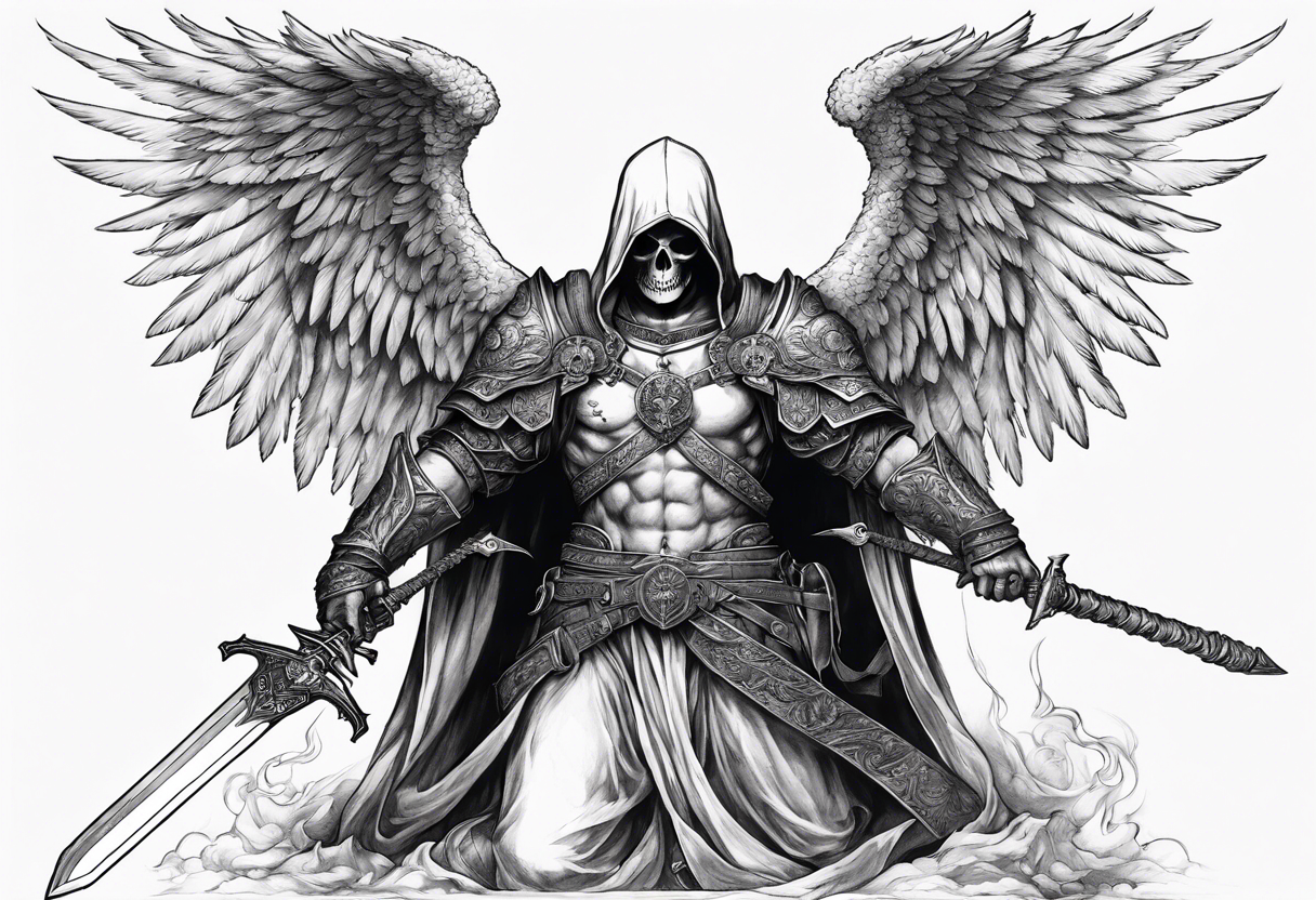 realistic angel of death, full body, without face, holding one sword in both hands, sword pointing downwards, skulls lying on the ground tattoo idea