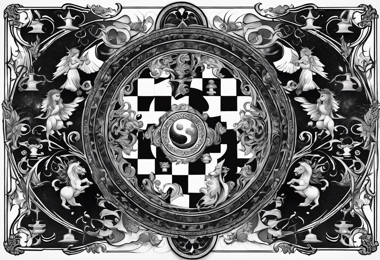 Design a chessboard with celestial symbols on one side and infernal symbols on the other. The chess pieces could be intricately detailed angels and demons engaged in a strategic game. tattoo idea