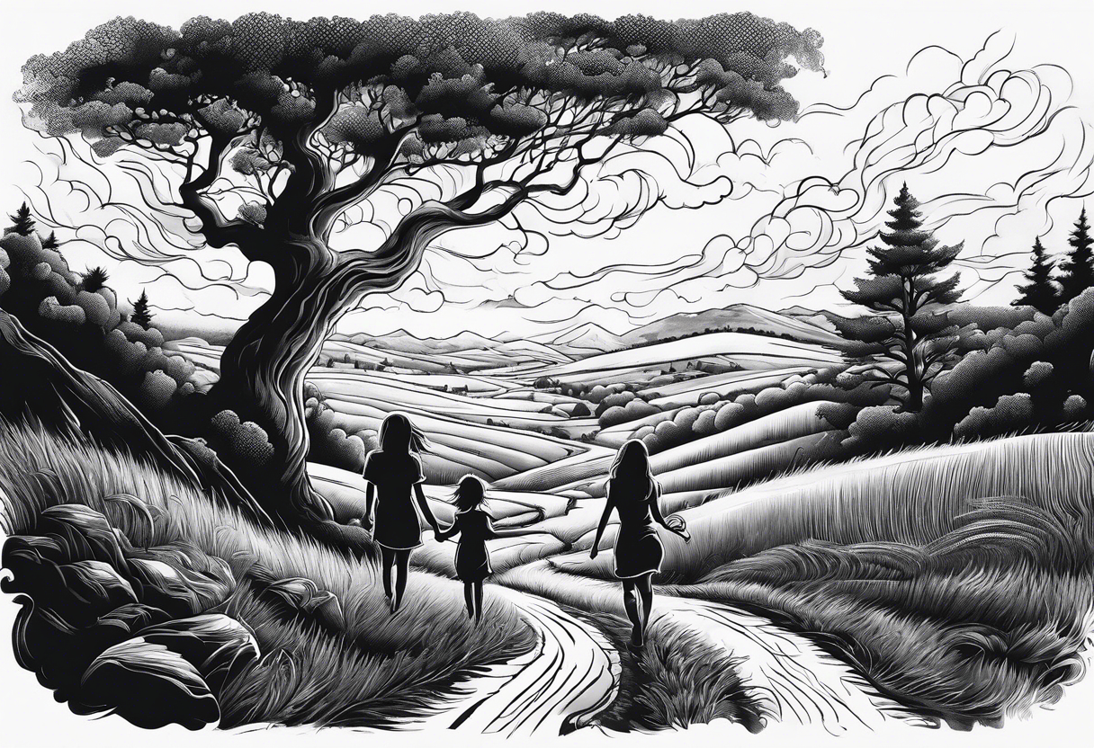 big brother with two sisters holding hands walking up hill through storm, line drawing tattoo idea