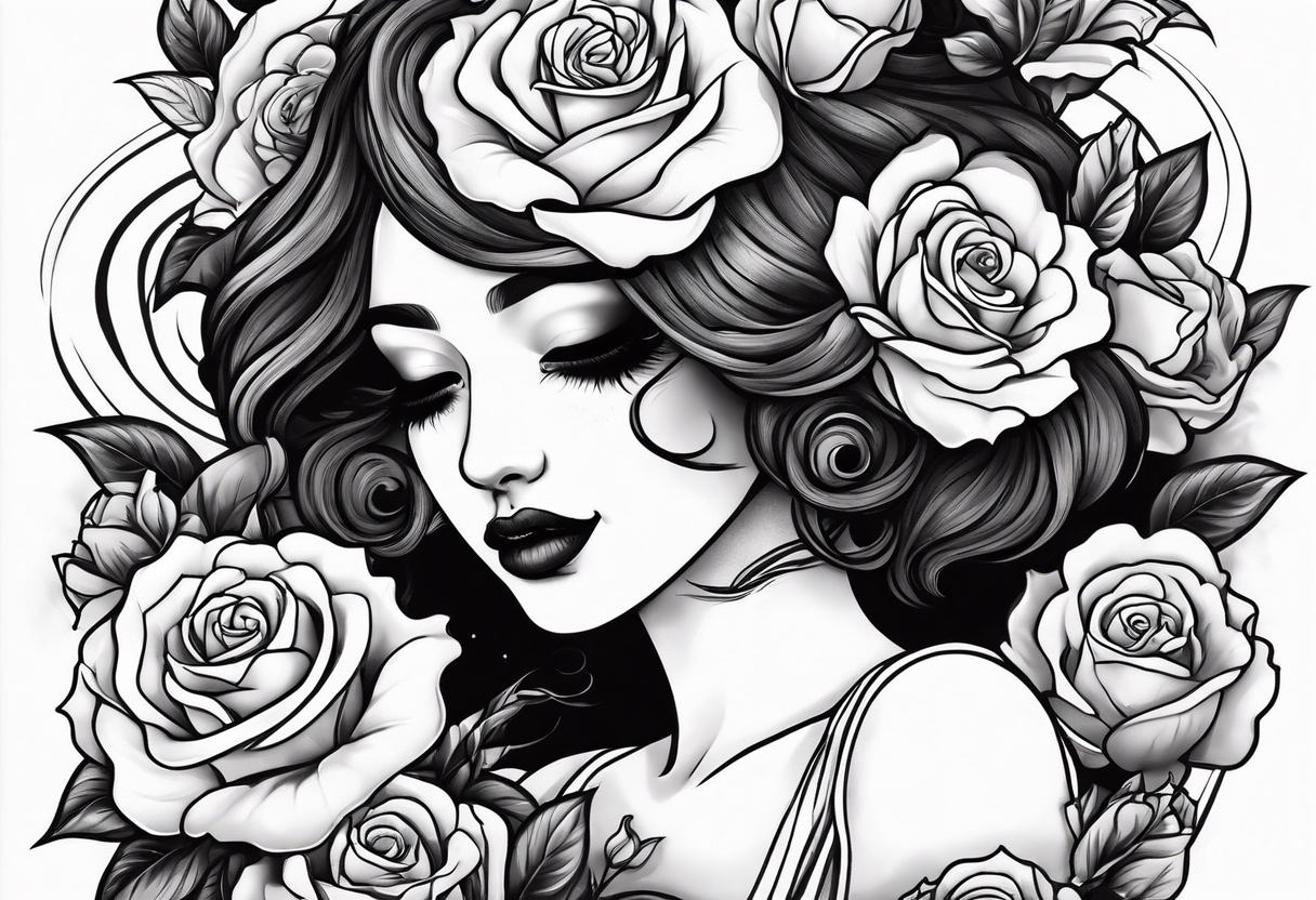 mime girl in white dress surrounded by roses tattoo idea