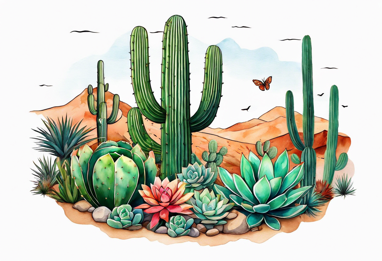 Modern Mexican style desert garden with cactus and small succulents add tiny moth flying tattoo idea