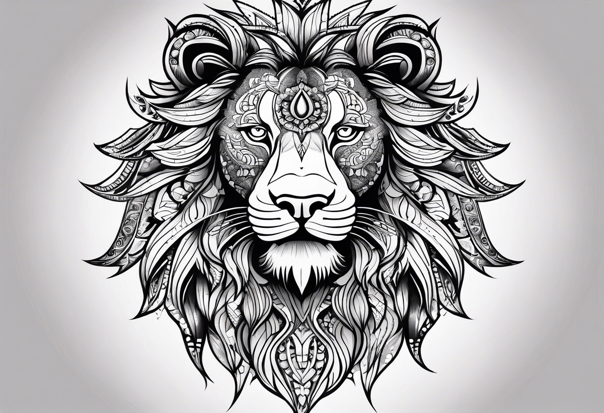 Half lion face half ornate mandala tattoo idea