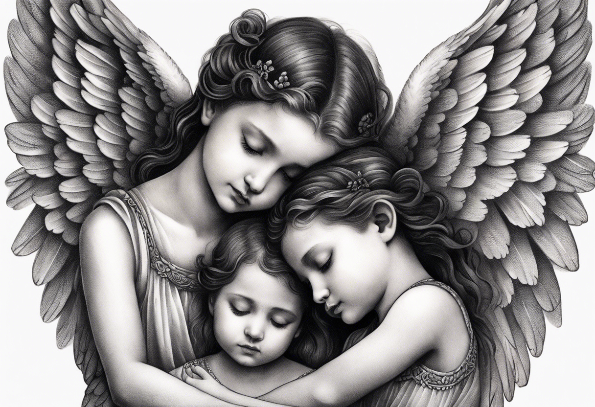 three angels praying together. The two boy angels are on either side of the girl angel, with their wings gently enfolding her in a protective embrace tattoo idea