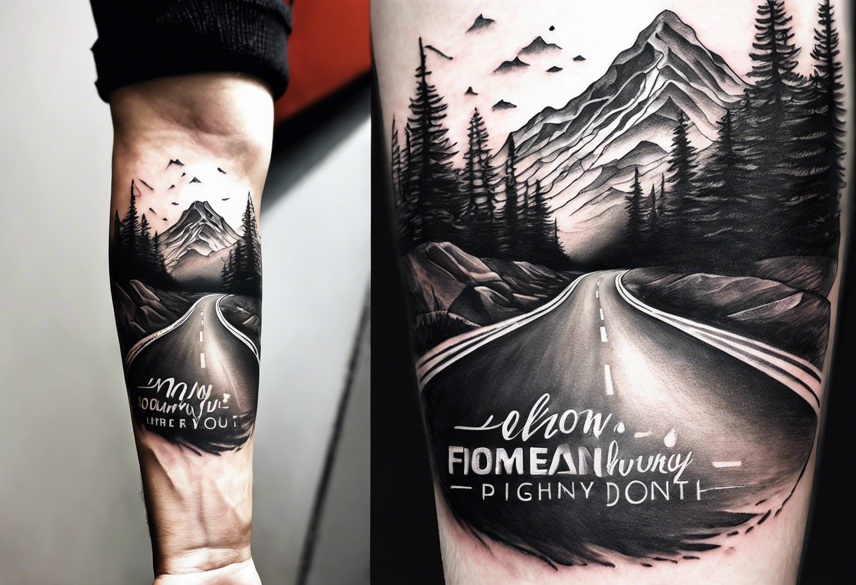 road into mountain on forearm with quote my road, my journey tattoo idea