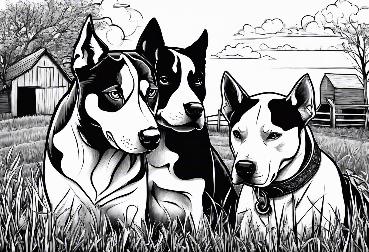 husky and pitbull looking through farm fence into cow field tattoo idea