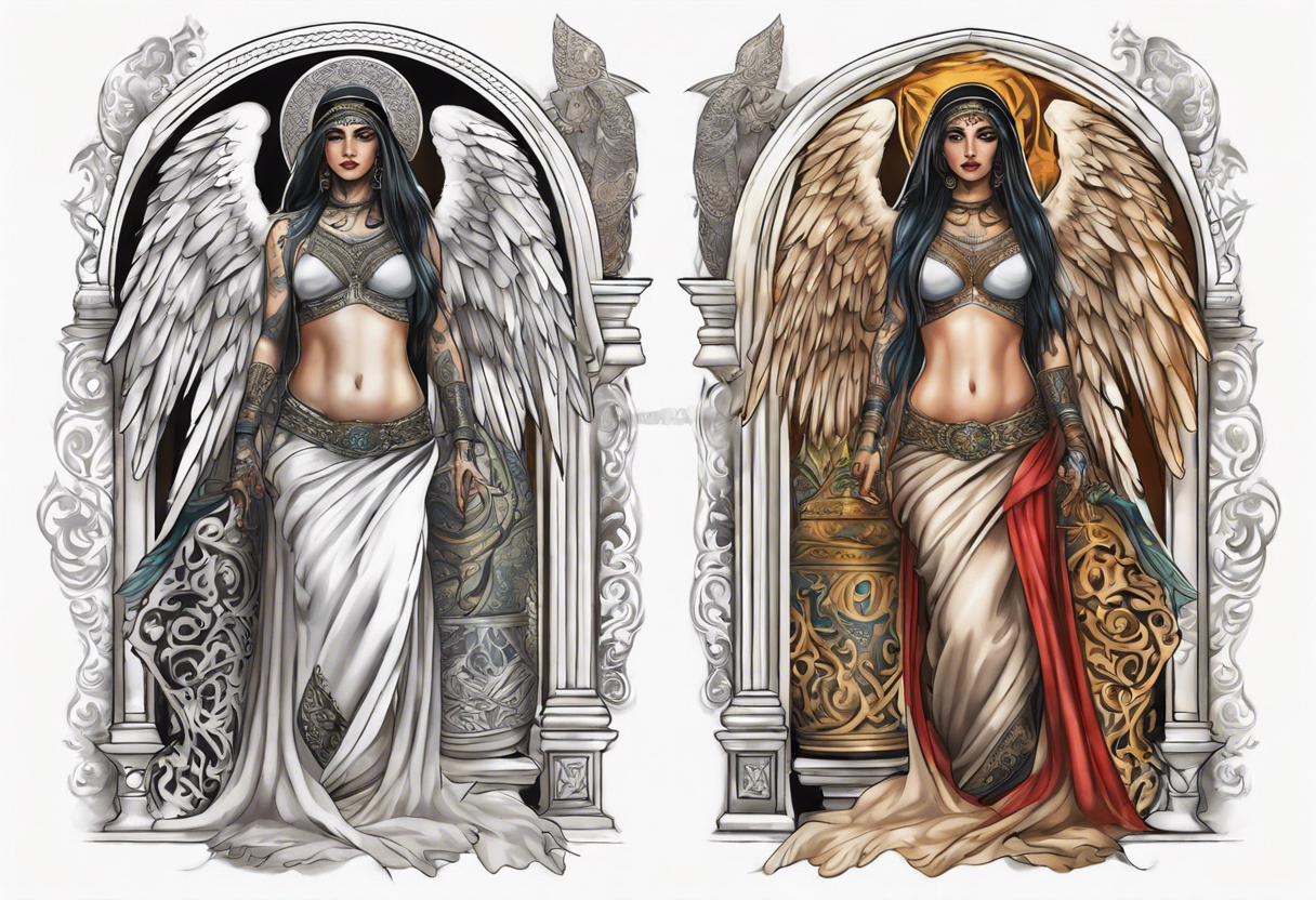 Middle eastern angel on a balcony tattoo idea