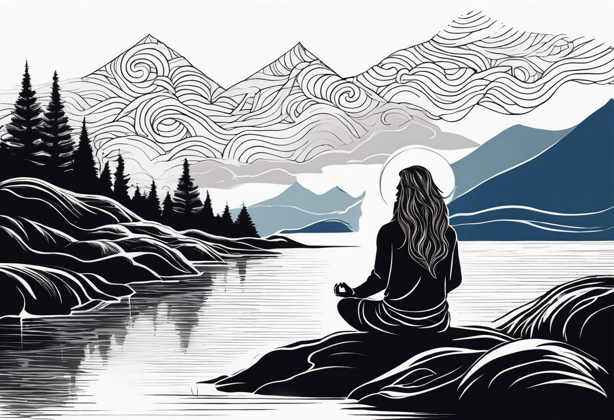 a meditating long haired man by the mountain river, the sky is covered with spiritual pattern tattoo idea