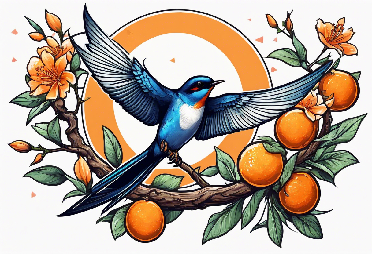 swallow sitting on an orange blossom branch with its wings open tattoo idea