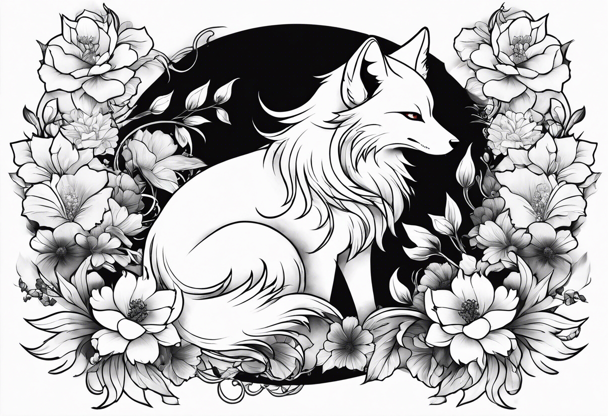 kitsune anime stiyle whit flowers tattoo idea