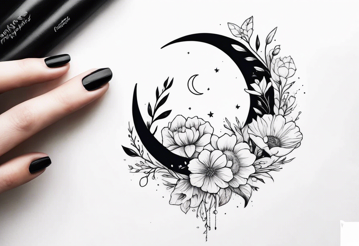 hand tattoo of a Crescent moon with a heart inside, shrouded by beautiful flowers with wisps of mist tattoo idea