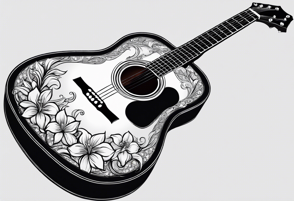 flat basic black acoustic guitar, entire guitar, wrapped with lilies around the neck, with a simple black star on the guitar body. meant for the inside of a woman's bicep tattoo idea