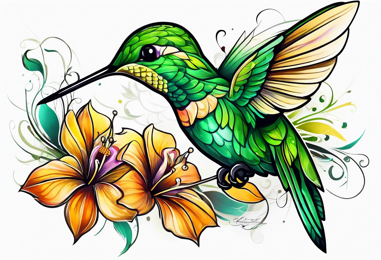 green hummingbird very small in flight ready to drink tattoo idea