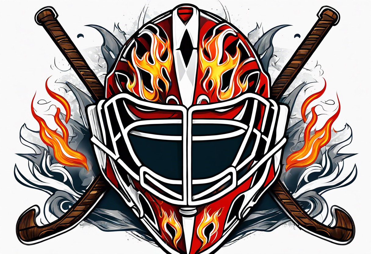 a puck hitting a goalie mask with crossed hockey sticks and flames that says "SHOT HOCKEY" tattoo idea