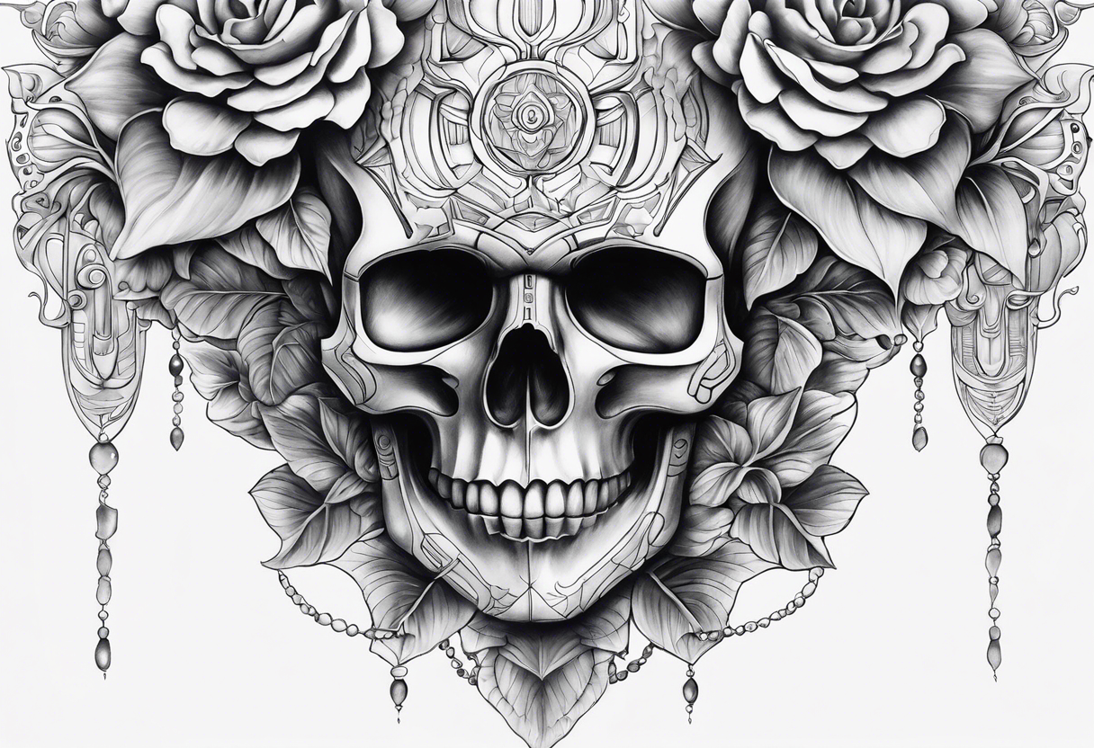 H.R. Giger mean skulls, water flow shapes, geometric shapes, flowers, using blues and fall colors tattoo idea