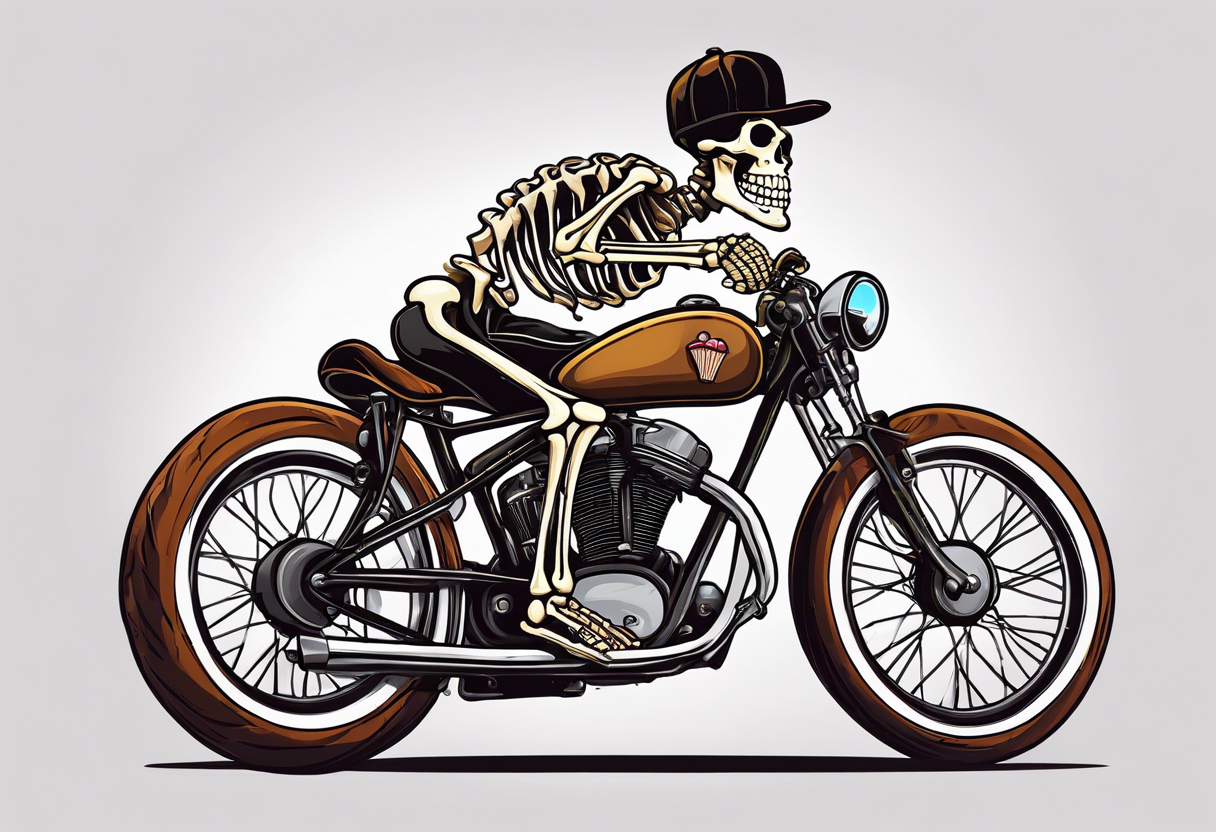 Lifelike skeleton wearing licra and cap rides a road bike. The skeleton is grinning at the viewer and holding a cookie in its left hand tattoo idea