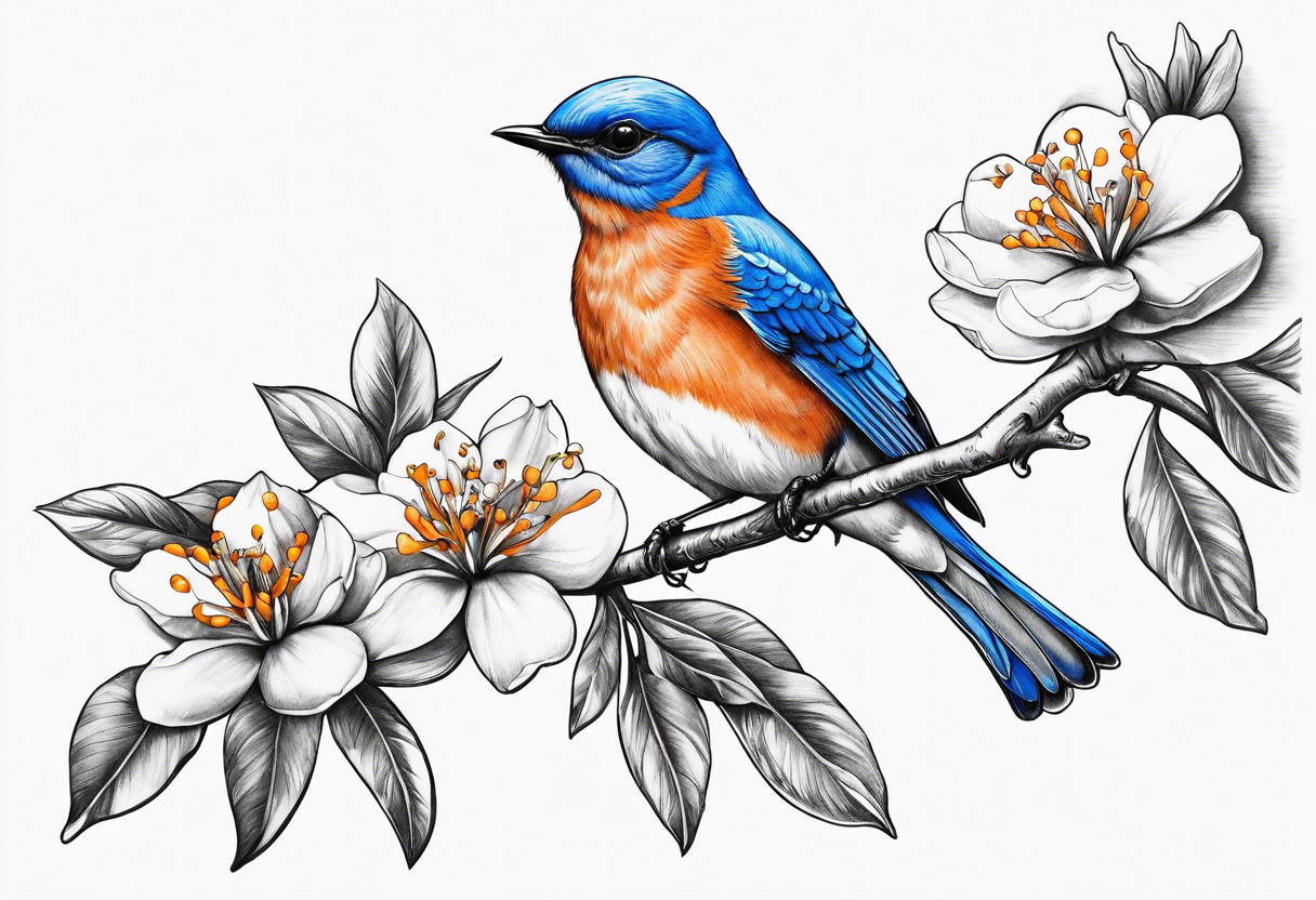 realistic bluebird flying off of branch with orange blossoms tattoo idea
