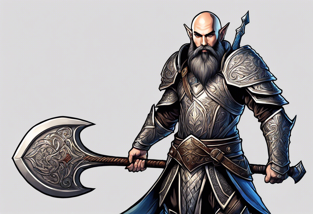 a full-body picture of a 30-year-old, human elf, bearded bald male, paladin, holding a battle axe, tattoo idea