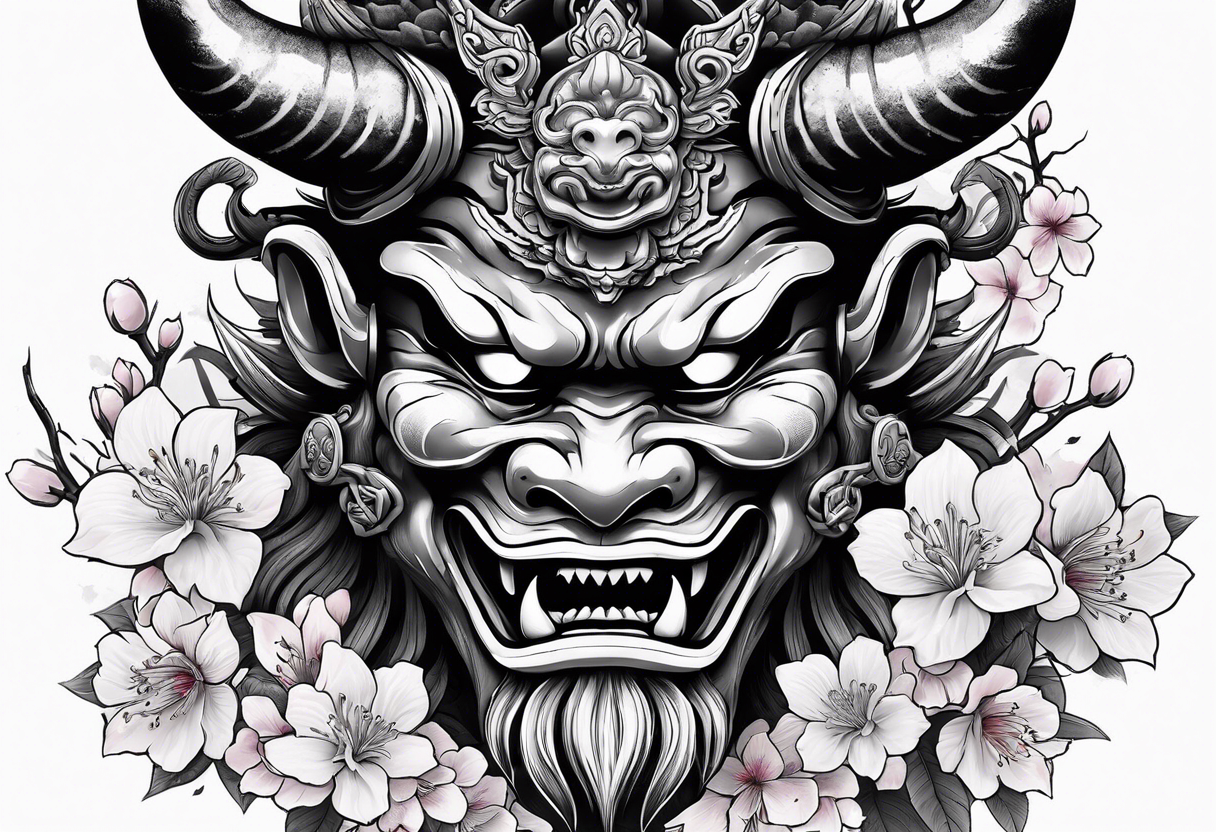 Oni mask with a background of Japanese temples and cherry blossoms tattoo idea