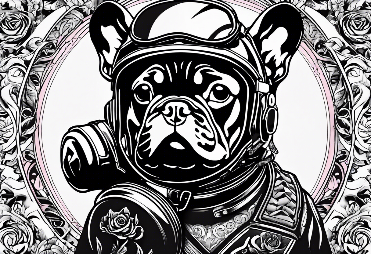 casque pompier, bouledogue français date et heure de naissance, rose, moto,  sur le bras complet tattoo idea