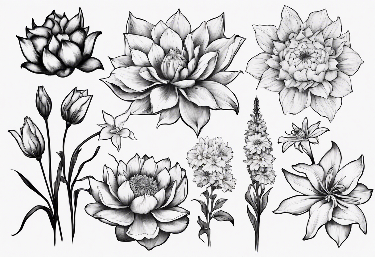 cluster of flowers that include lotus, sunflower, chrysanthemum, jasmine (or flower that symbolises luck), gardenia, mullein and gladiolus tattoo idea