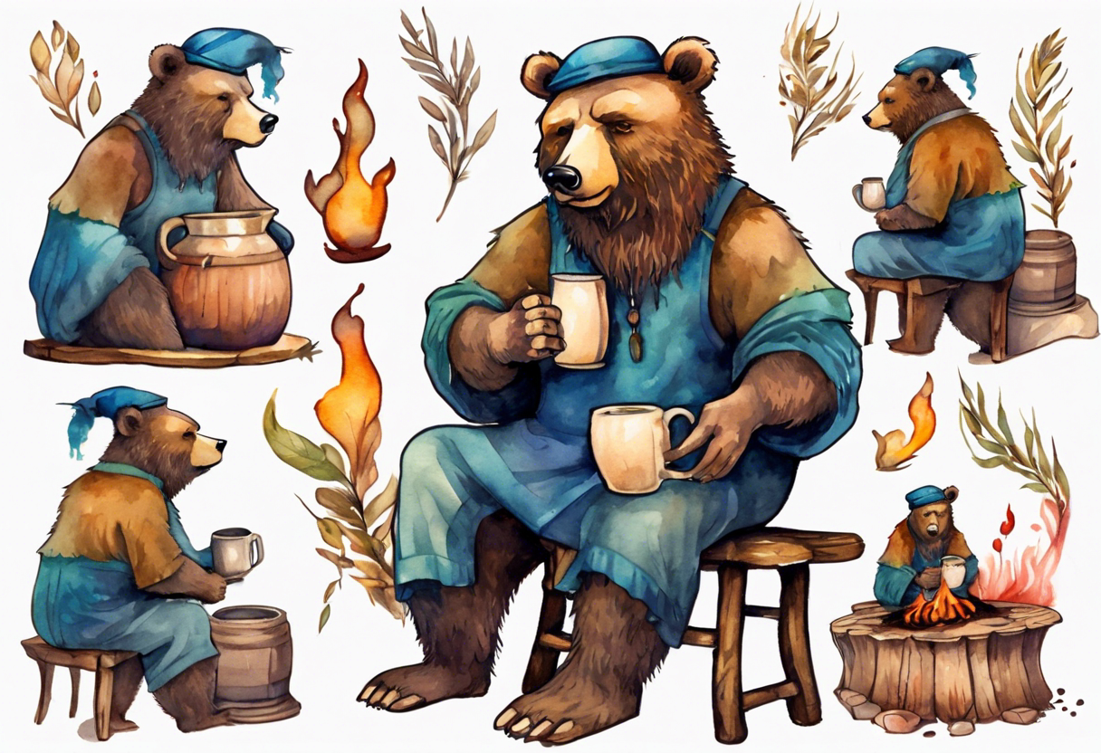 a solitary bear-human hybrid with a long beard wearing a tunic and Phrygian cap, sitting on a stool by the hearth, drinking from a wooden mug, smiling, drunk, reed cheeks tattoo idea