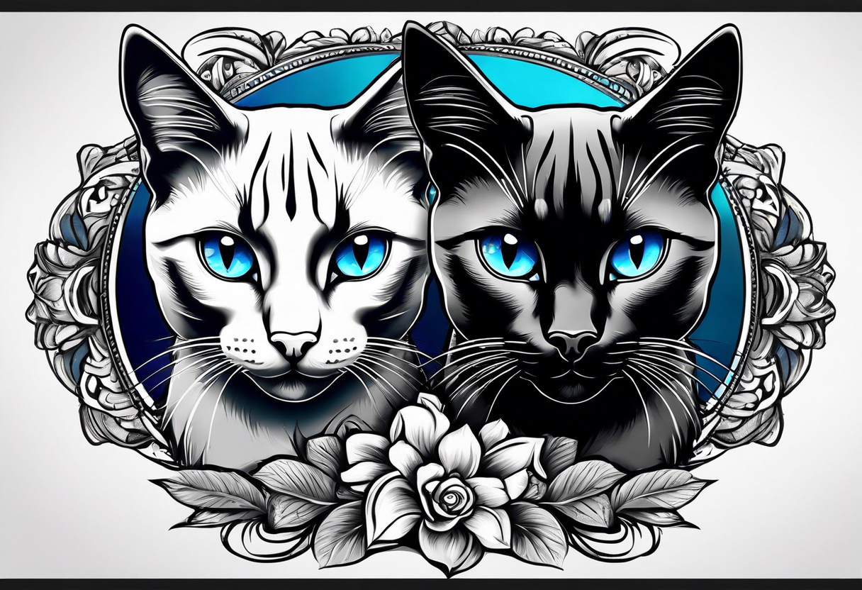 Two cats. One is medium length black and white fur, the other is a medium gray Siamese with blue eyes that are slightly crossed. tattoo idea