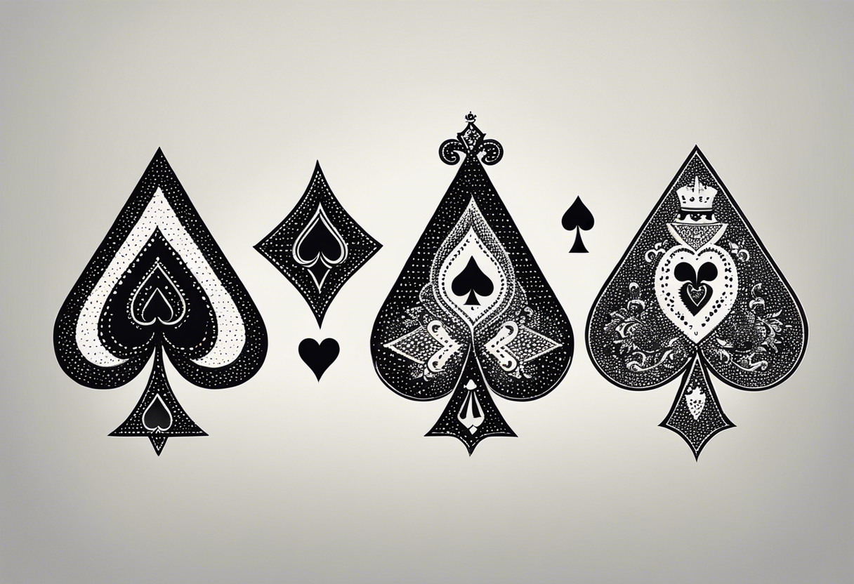 one combined tatto in minimalistic style with icon style three king of spades and icon style one queen of hearts. extreme minimalstic and few lines. much more minimalistic and fewer lines tattoo idea