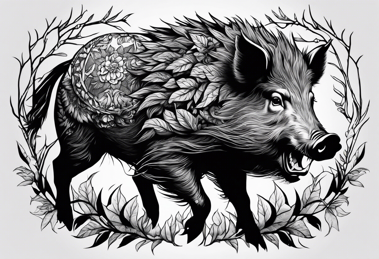 angry wild boar emerging from a tree
lots of foliage
on the wrist tattoo idea