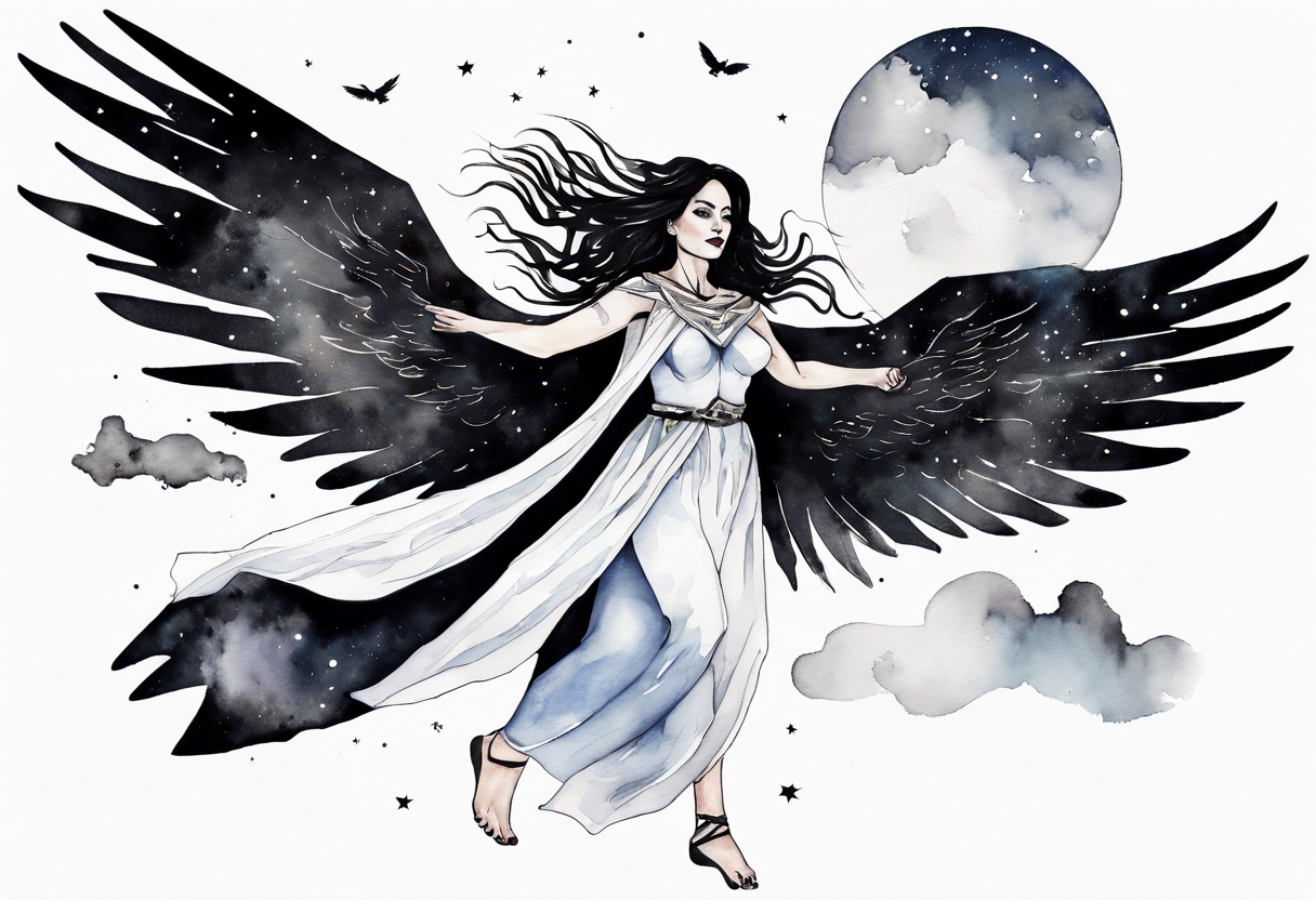 a beautiful 45 year old Dakota woman flying in the night sky with black wings, wearing a black and white cloak, bare feet tattoo idea