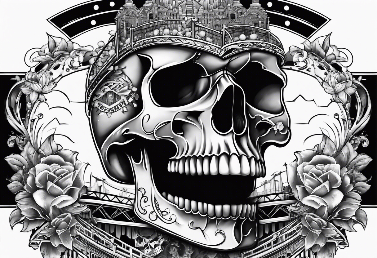 skull halves stitched together with roller coaster track tattoo idea