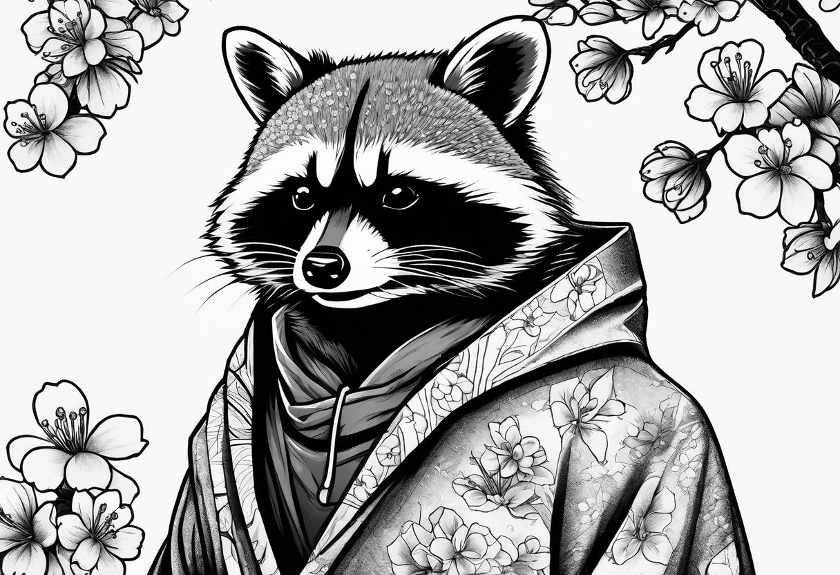 Raccoon wearing a Superman hoodie and Japanese cherry blossoms tattoo idea