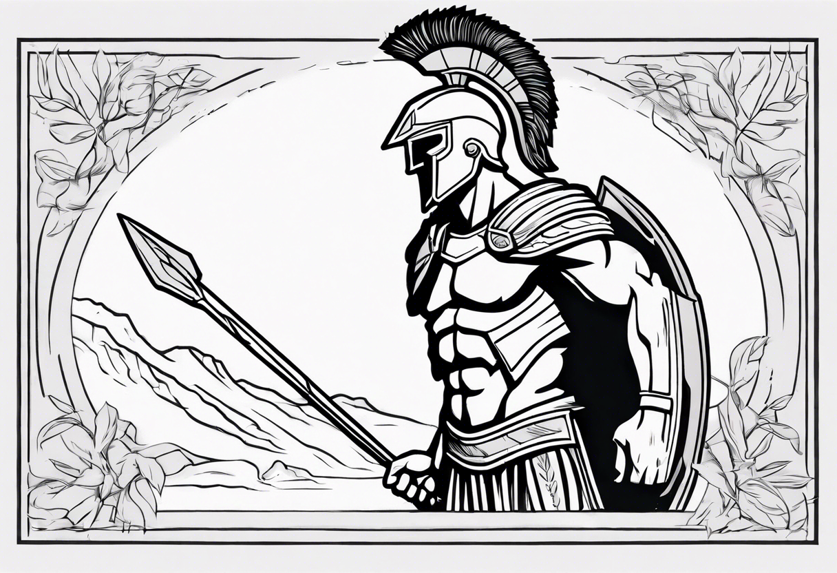 rectangular landscape format ultra-fine line linework vector of a spartan from the side, spartan spear, spartan shield, laurel wreath tattoo idea