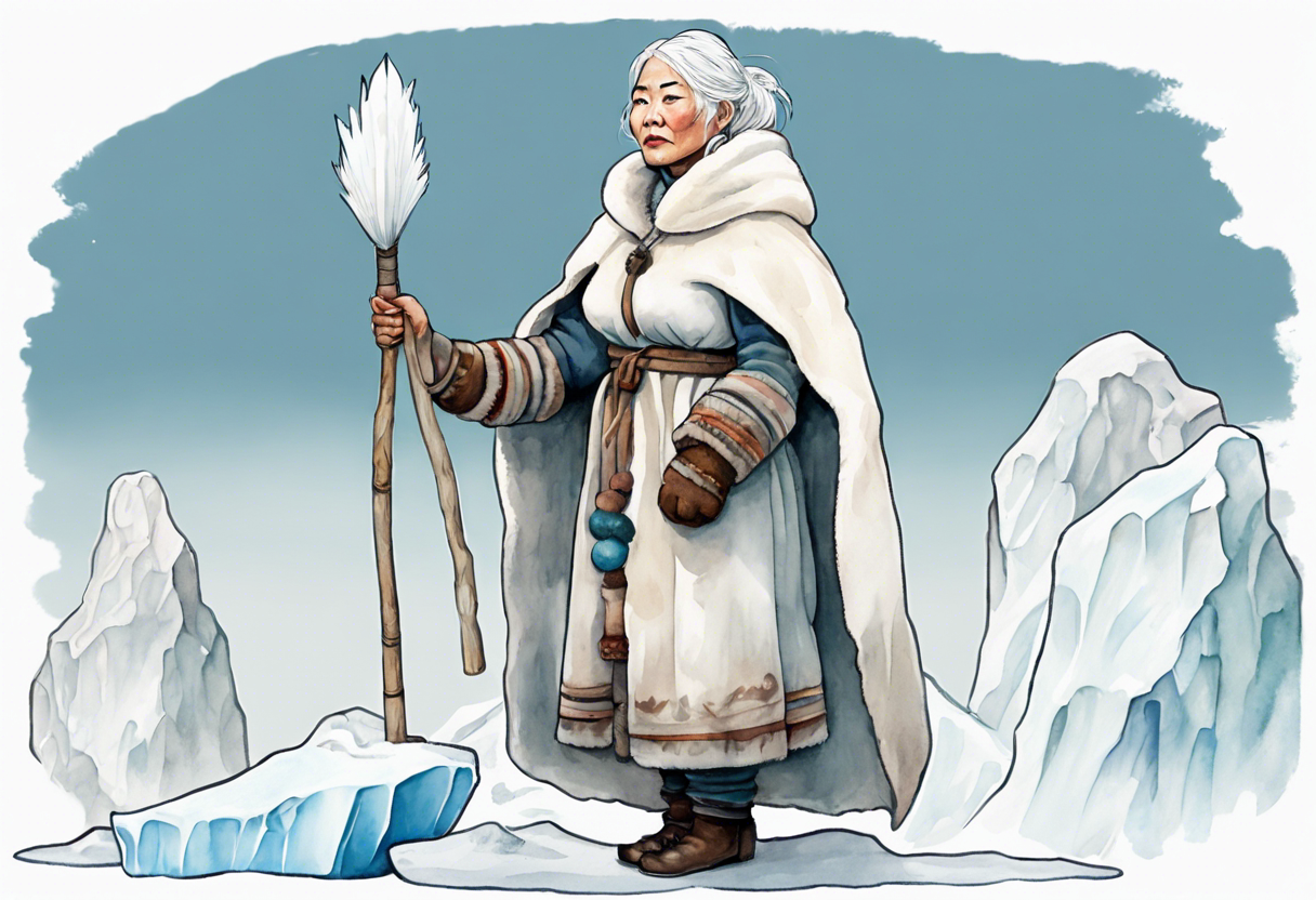 a middle aged Inuit woman with white hair, wearing mittens, mukluks, and a white cloak. Holding a white staff. Standing on an iceberg alone tattoo idea