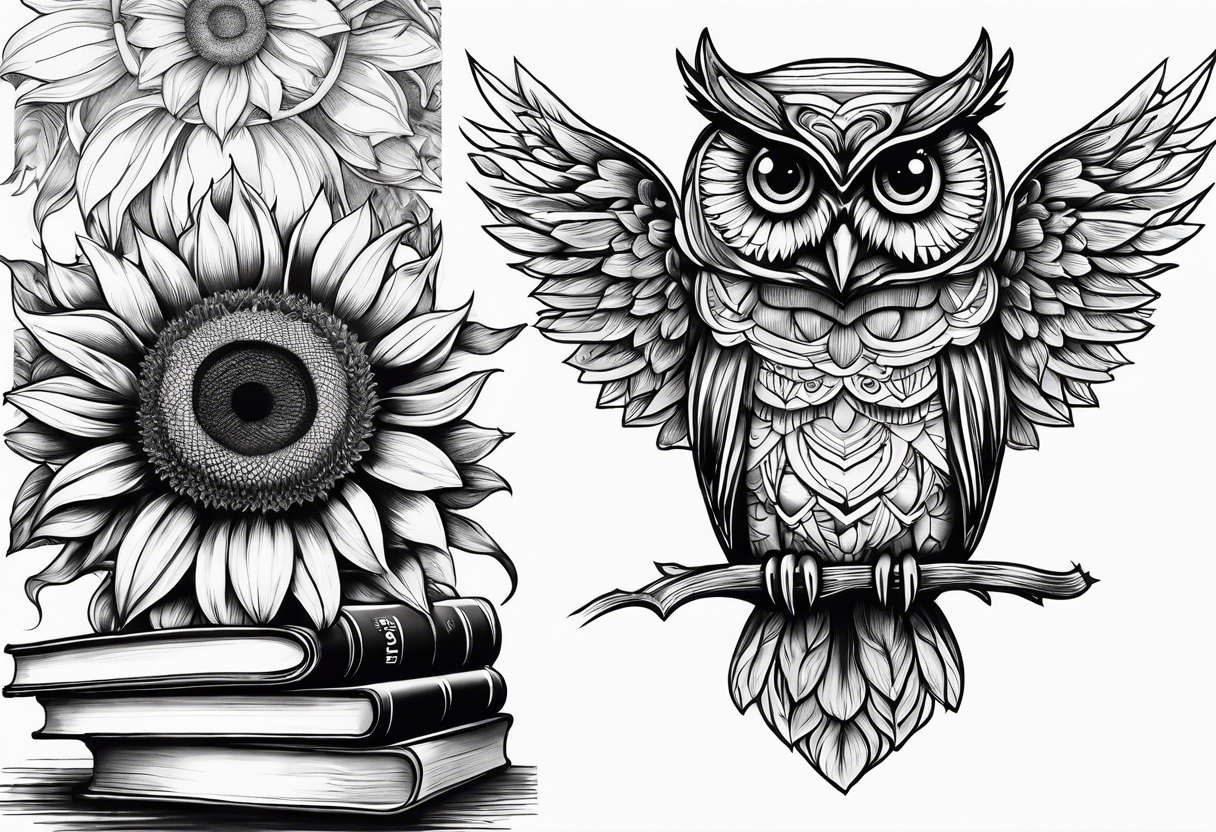 sunflower, camera, water wave, owl, book tattoo idea