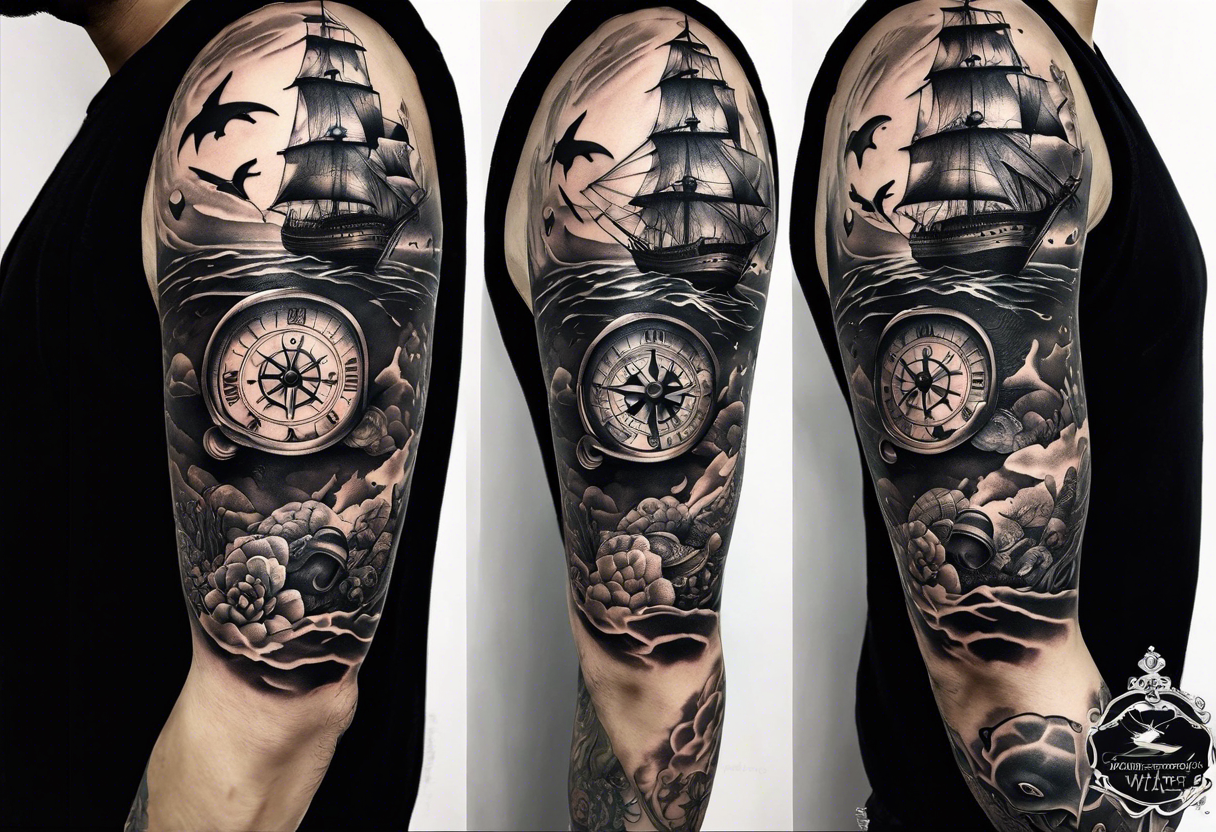 semenov3301:mens-tattoo-on-a-nautical-theme-compass-map-wind-rose-compass -map-legtattoo-anchor-nautical