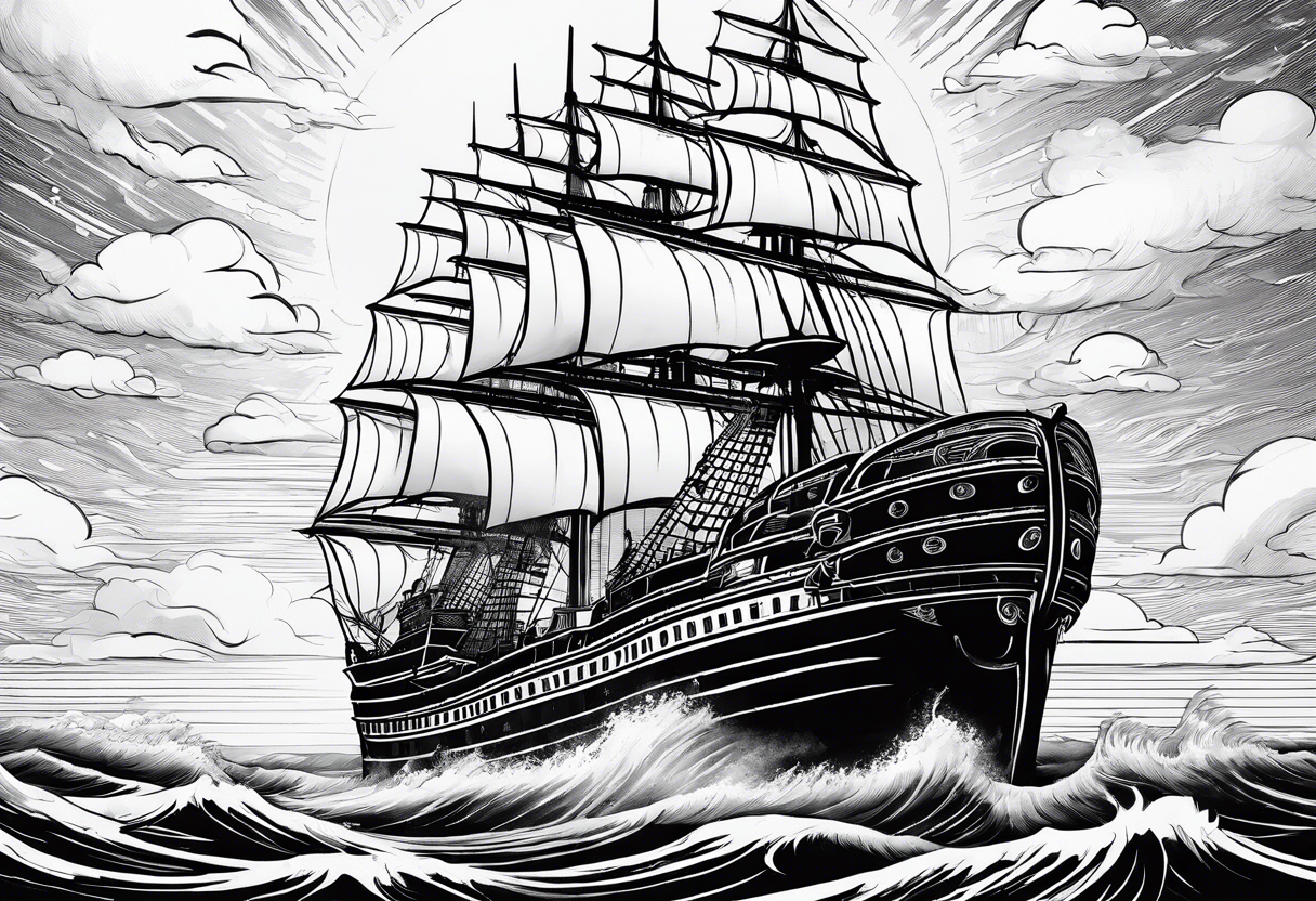 huge ship hitting in the sea with sun on the sky tattoo idea